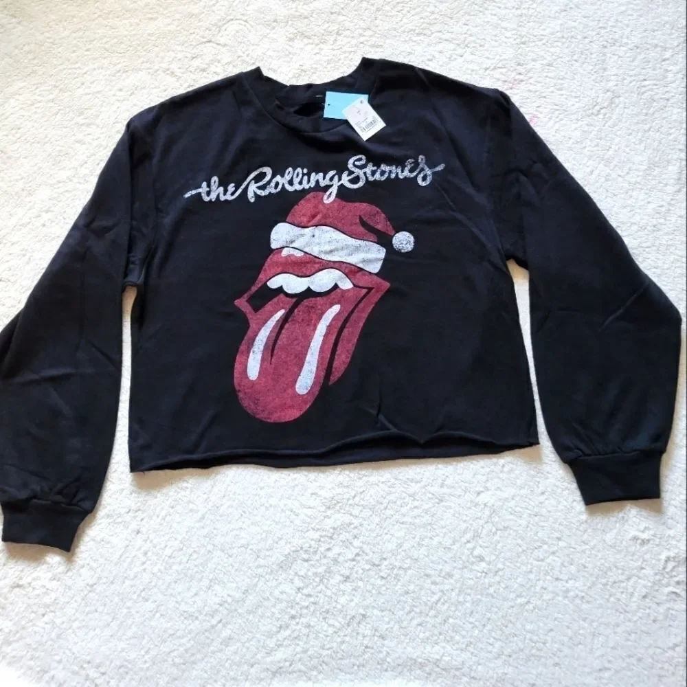 New the Rolling Stones Christmas Santa Hat Cropped fleece Sweatshirt